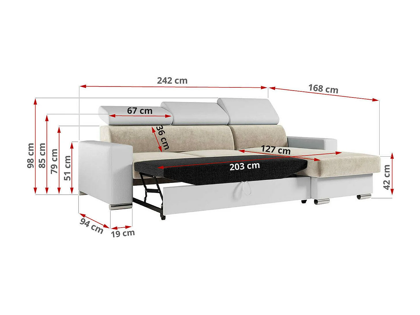 Ecksofa FOX, L-förmige Ecke, Schlaffunktion und Bettkasten, verstellbare Kopfstützen - Beige, Weiß, - Velvet, Kunstleder