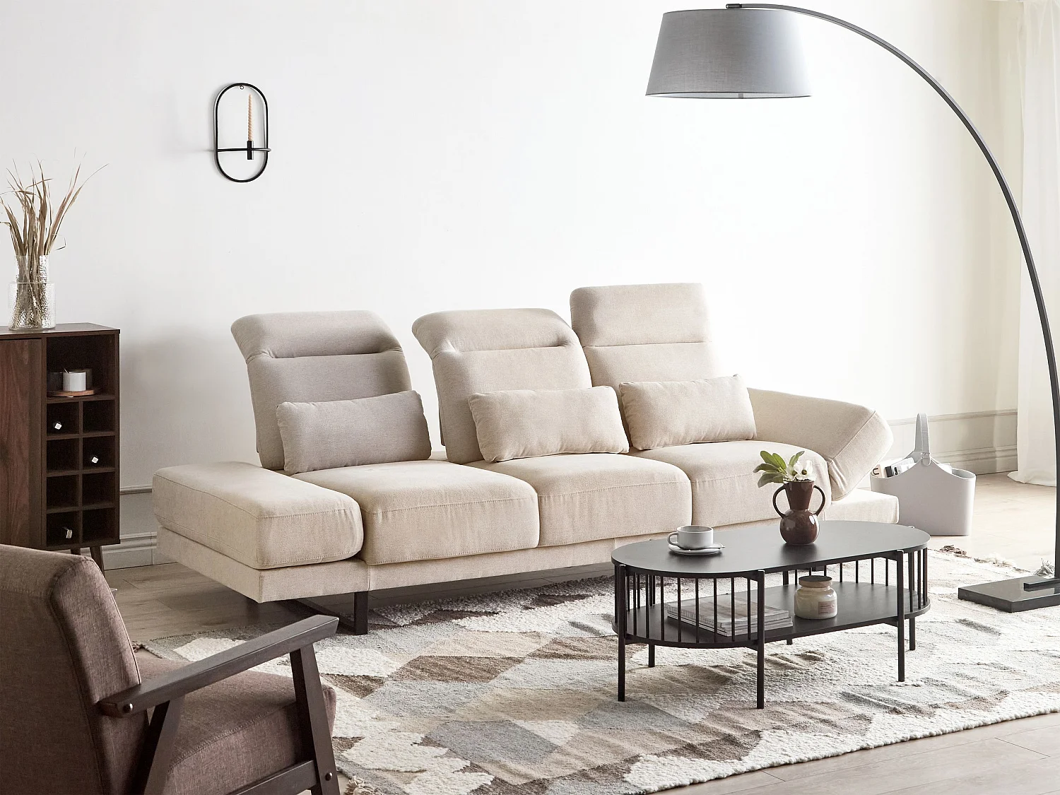 3-Sitzer Sofa Stoff beige mit verstellbarer Sitztiefe Armlehnen 3 Kissen Ikast
