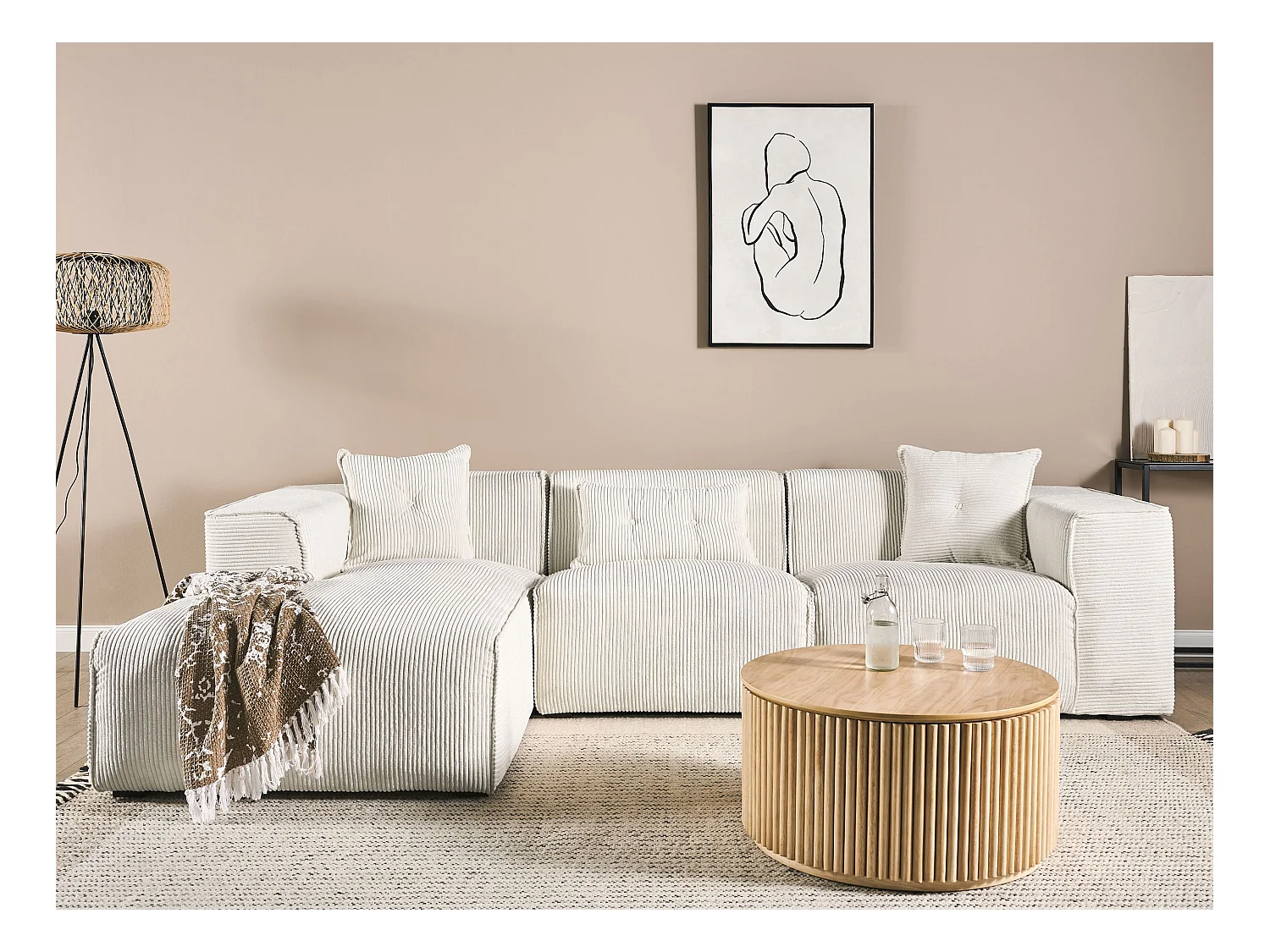 Canapé d'angle 3 places DOLVA Velours côtelé Blanc cassé Côté droit