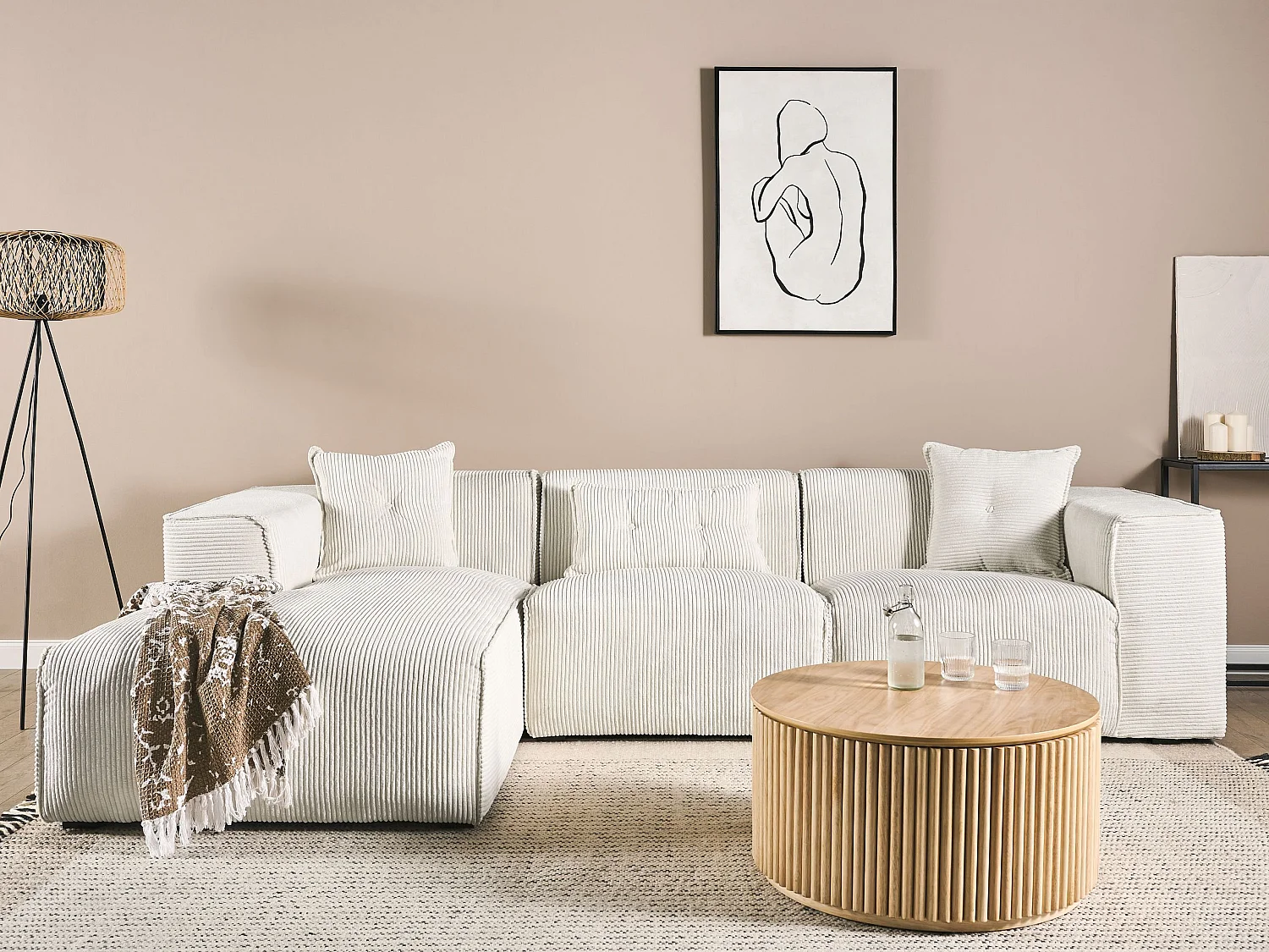 Ecksofa DOLVA Cord Cremeweiss 3-Sitzer rechtsseitig