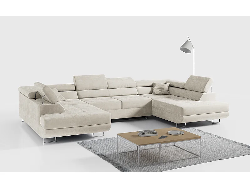 Ecksofa GUSTAW U, mit Schlaffunktion, Großes U-form ecksofa, XXL Wohnlandschaft, verstellbare Kopfstützen - Beige Velvet