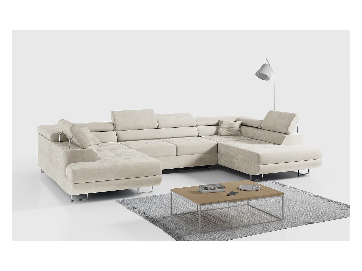 Ecksofa GUSTAW U, mit Schlaffunktion, Großes U-form ecksofa, XXL Wohnlandschaft, verstellbare Kopfstützen - Beige Velvet