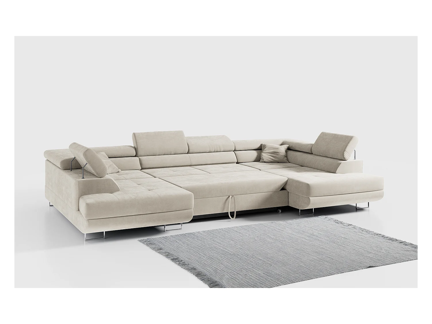 Ecksofa GUSTAW U, mit Schlaffunktion, Großes U-form ecksofa, XXL Wohnlandschaft, verstellbare Kopfstützen - Beige Velvet