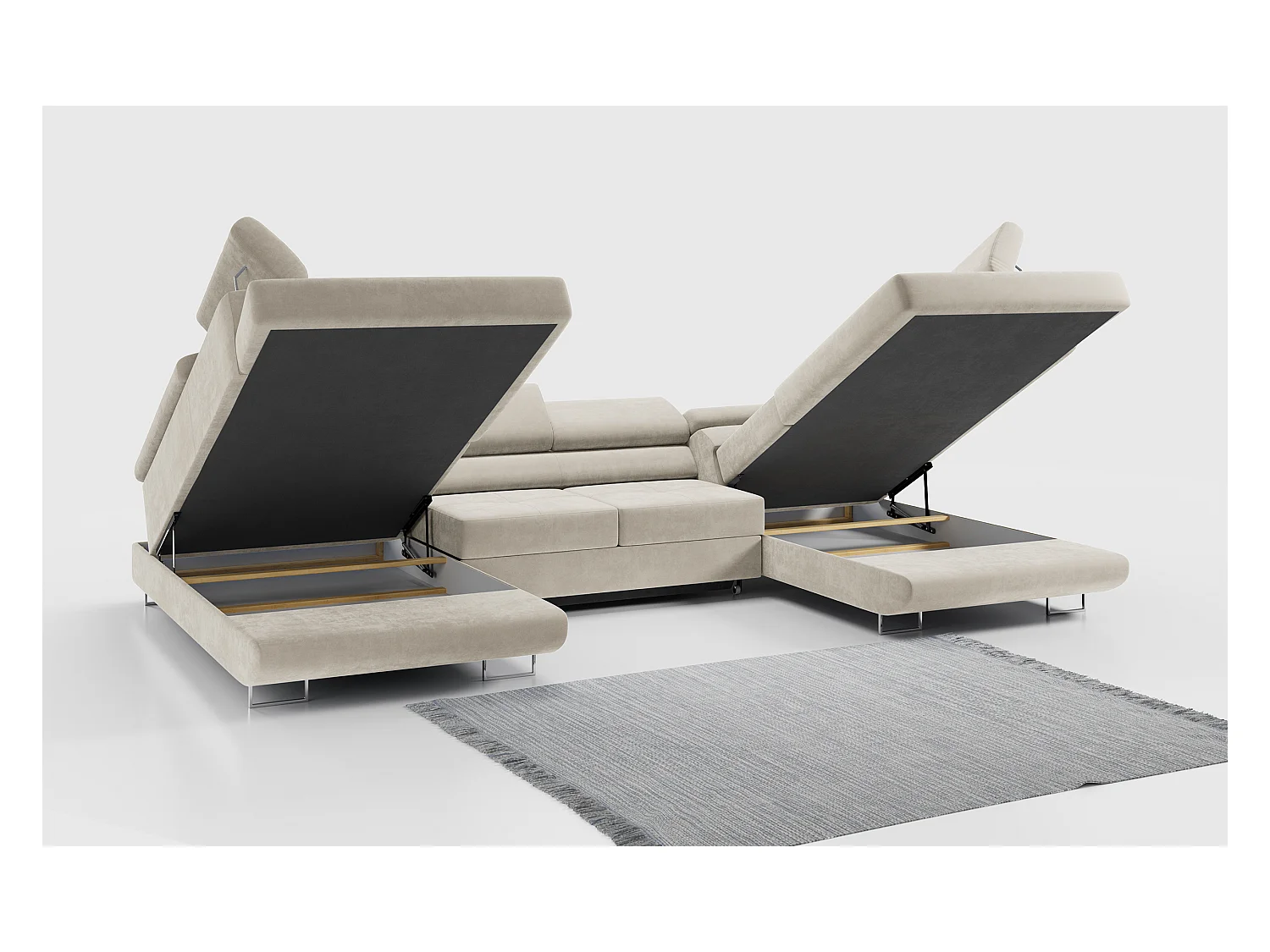 Ecksofa GUSTAW U, mit Schlaffunktion, Großes U-form ecksofa, XXL Wohnlandschaft, verstellbare Kopfstützen - Beige Velvet