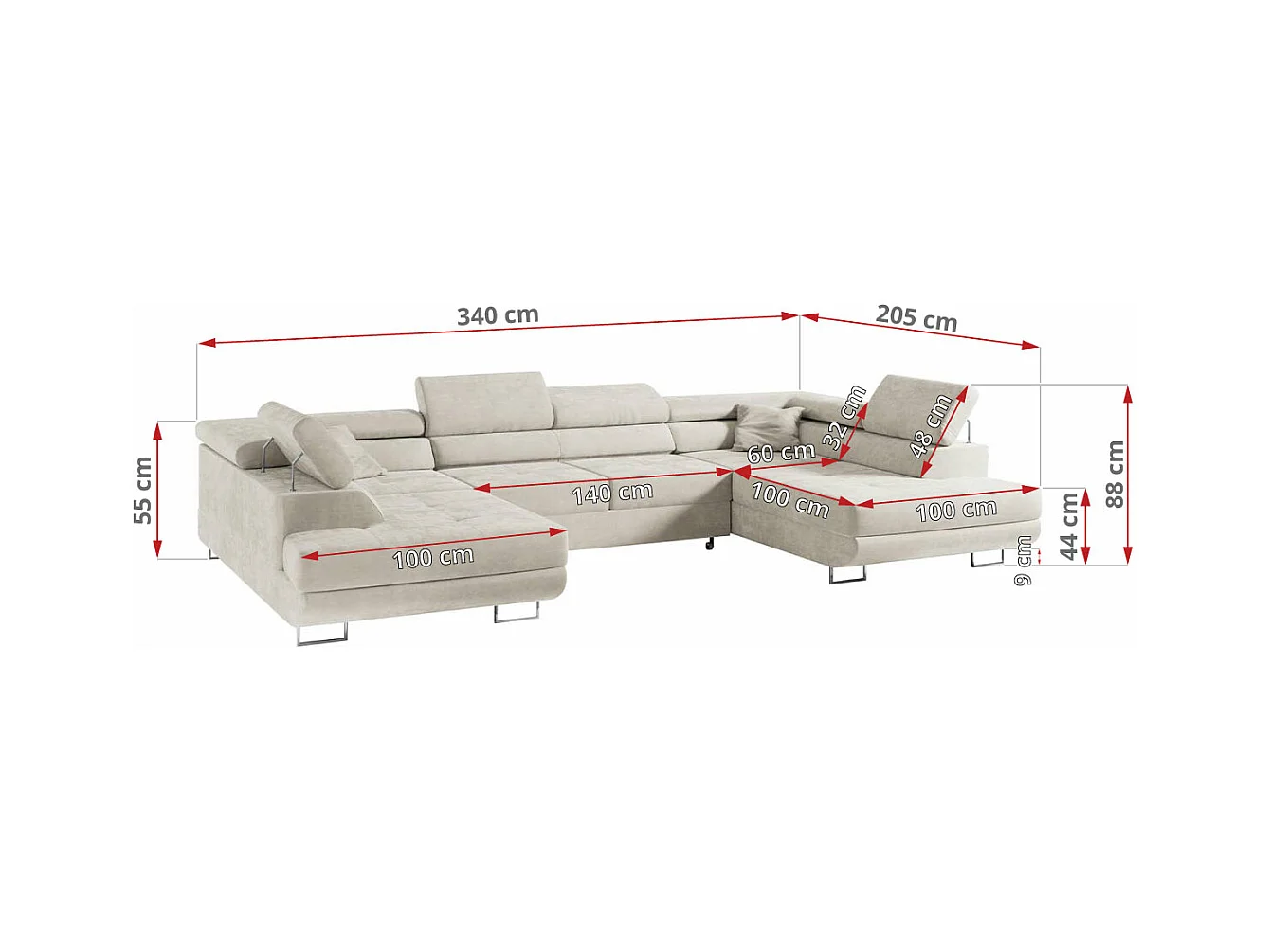 Ecksofa GUSTAW U, mit Schlaffunktion, Großes U-form ecksofa, XXL Wohnlandschaft, verstellbare Kopfstützen - Beige Velvet