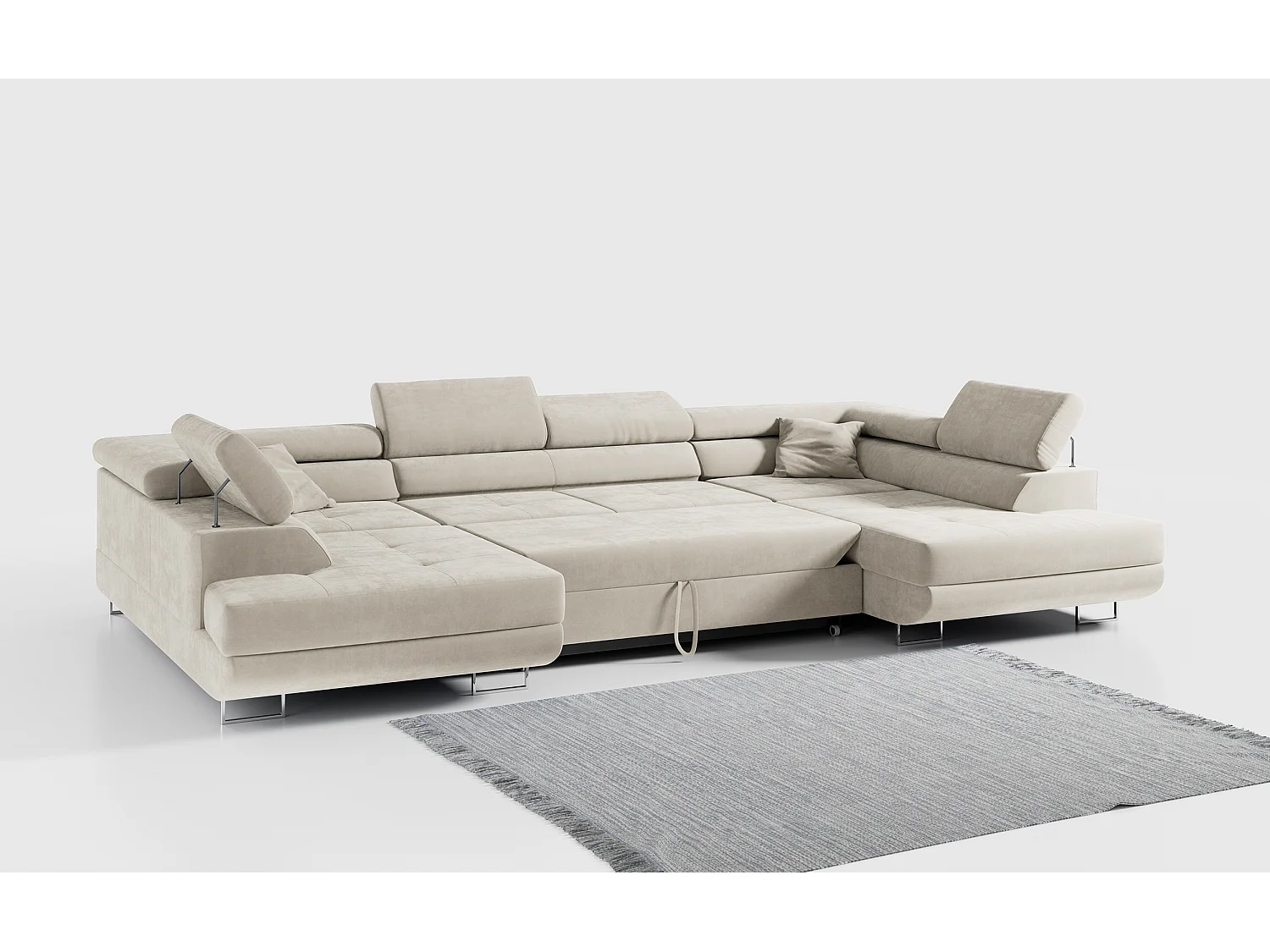 Ecksofa GUSTAW U, mit Schlaffunktion, Großes U-form ecksofa, XXL Wohnlandschaft, verstellbare Kopfstützen - Beige Velvet
