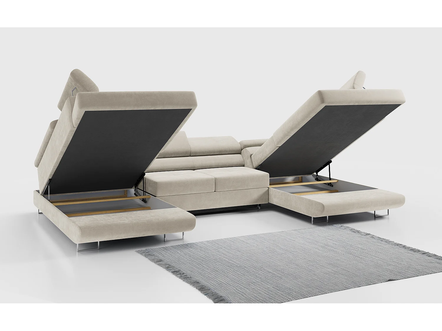 Ecksofa GUSTAW U, mit Schlaffunktion, Großes U-form ecksofa, XXL Wohnlandschaft, verstellbare Kopfstützen - Beige Velvet