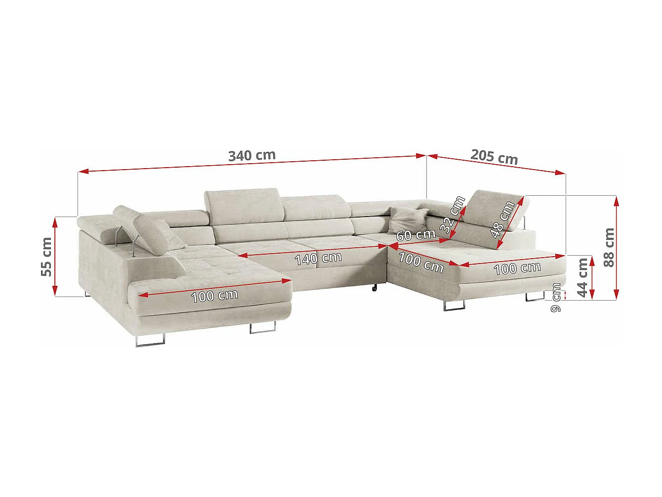 Ecksofa GUSTAW U, mit Schlaffunktion, Großes U-form ecksofa, XXL Wohnlandschaft, verstellbare Kopfstützen - Beige Velvet