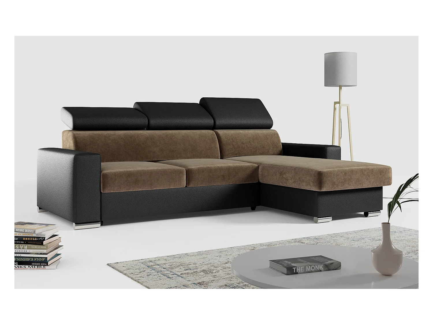 Ecksofa FOX, L-förmige Ecke, Schlaffunktion und Bettkasten, verstellbare Kopfstützen - Braun, Schwarz - Velvet, Kunstleder