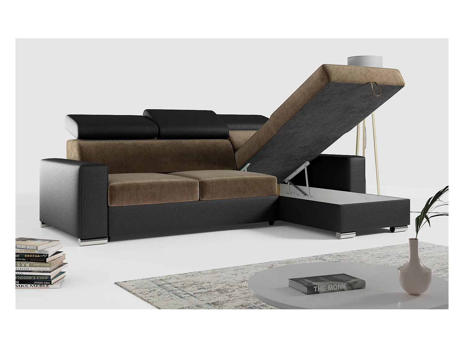 Ecksofa FOX, L-förmige Ecke, Schlaffunktion und Bettkasten, verstellbare Kopfstützen - Braun, Schwarz - Velvet, Kunstleder