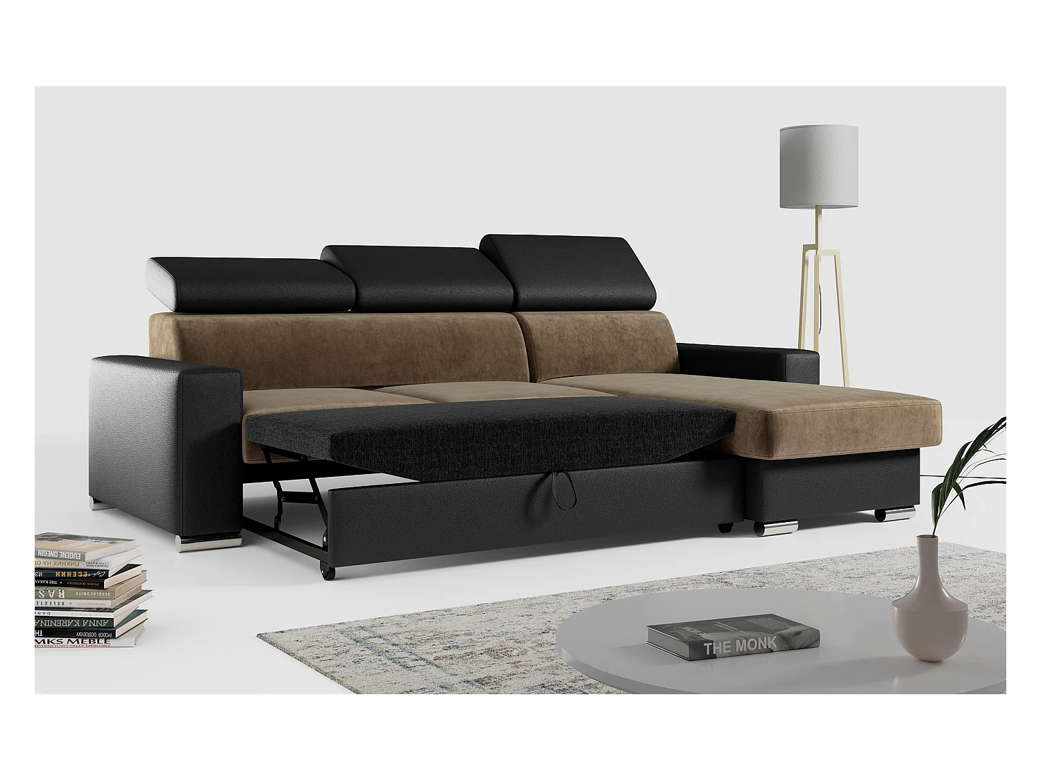 Ecksofa FOX, L-förmige Ecke, Schlaffunktion und Bettkasten, verstellbare Kopfstützen - Braun, Schwarz - Velvet, Kunstleder