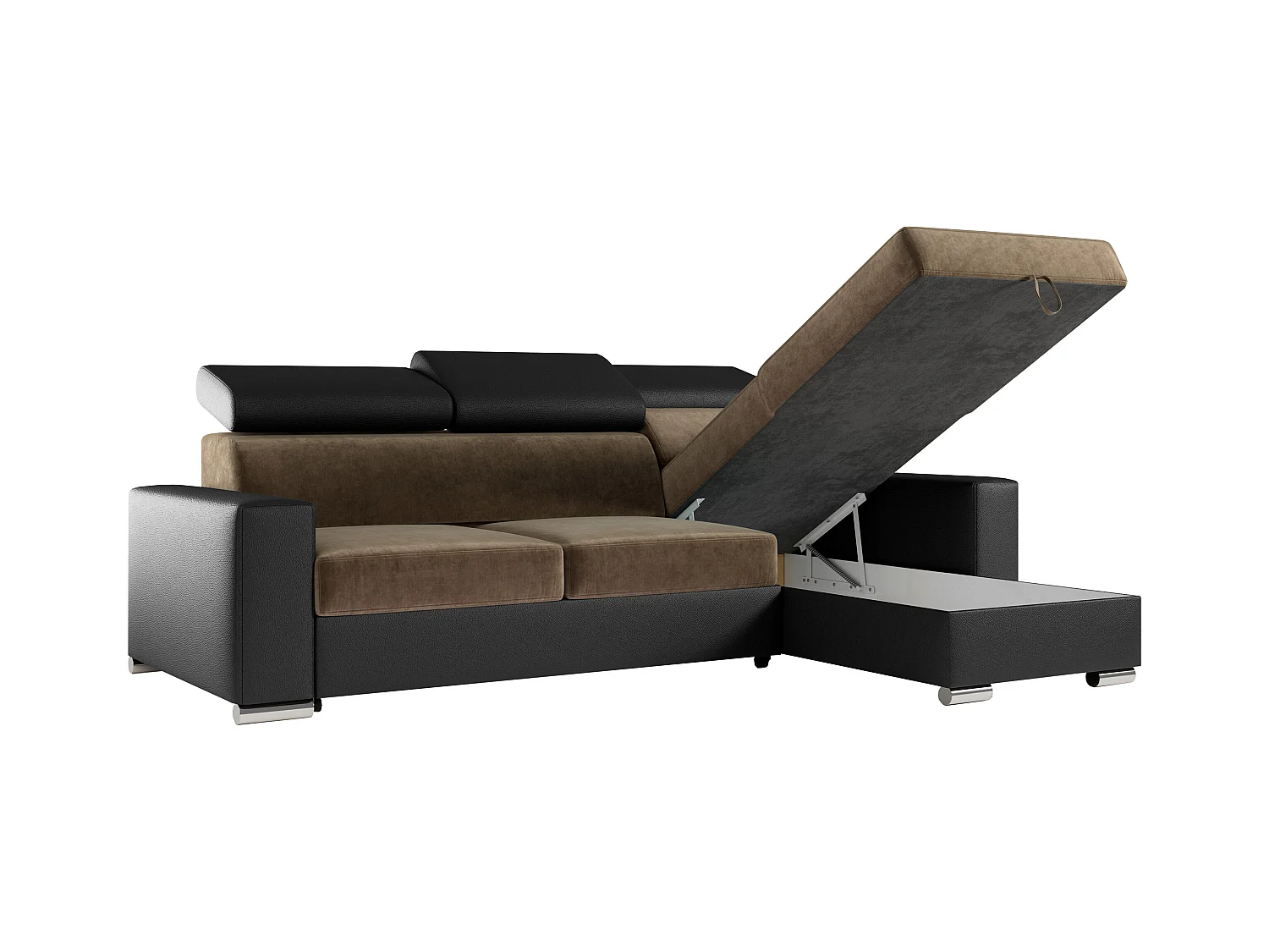 Ecksofa FOX, L-förmige Ecke, Schlaffunktion und Bettkasten, verstellbare Kopfstützen - Braun, Schwarz - Velvet, Kunstleder