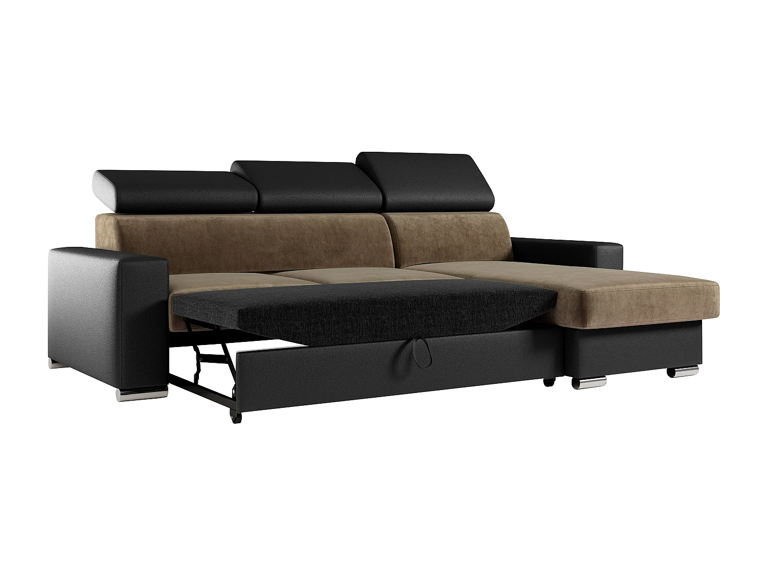 Ecksofa FOX, L-förmige Ecke, Schlaffunktion und Bettkasten, verstellbare Kopfstützen - Braun, Schwarz - Velvet, Kunstleder