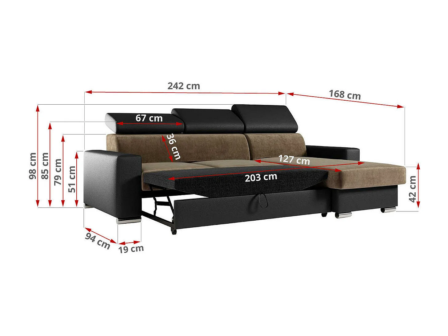 Ecksofa FOX, L-förmige Ecke, Schlaffunktion und Bettkasten, verstellbare Kopfstützen - Braun, Schwarz - Velvet, Kunstleder