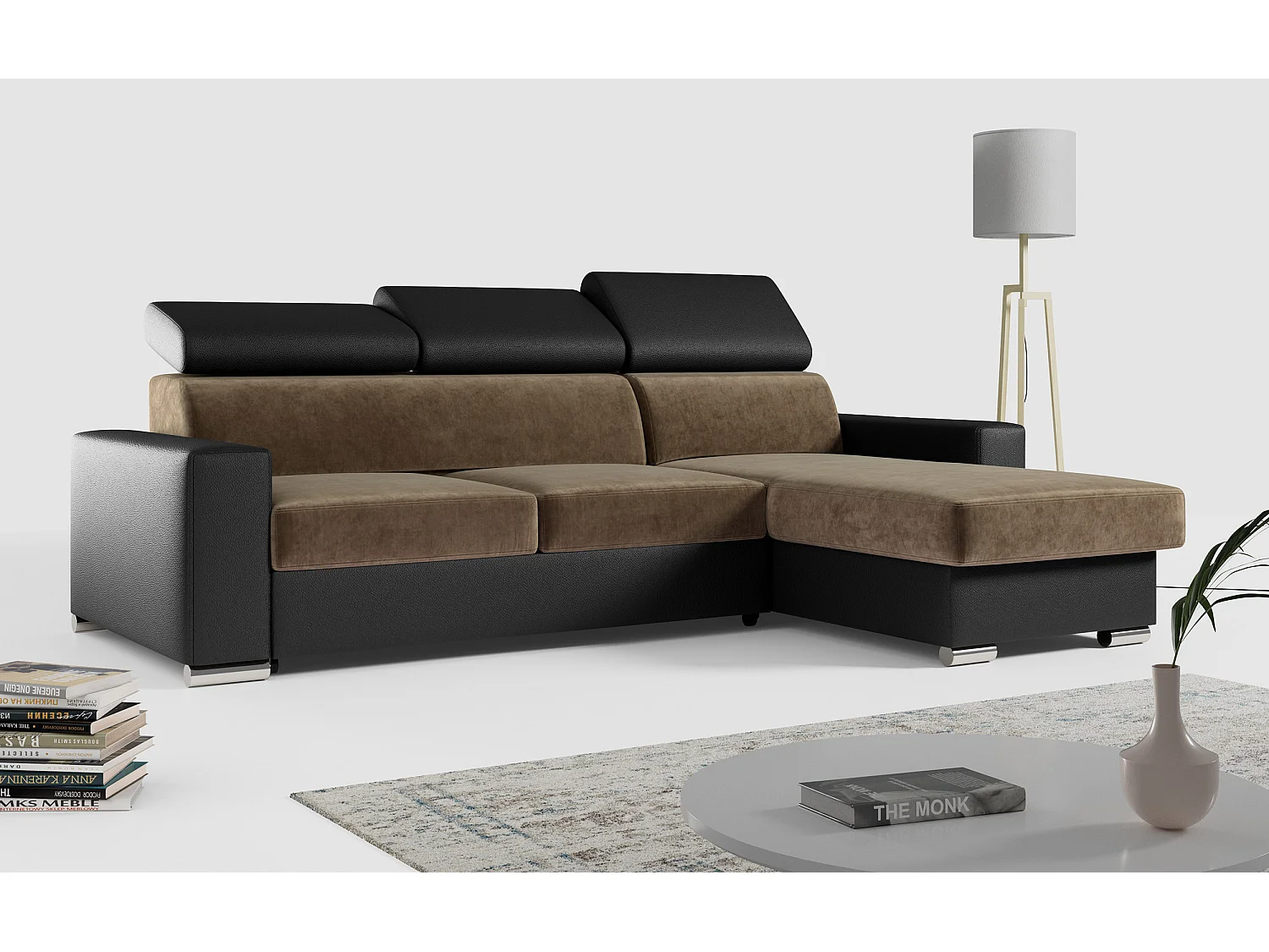 Ecksofa FOX, L-förmige Ecke, Schlaffunktion und Bettkasten, verstellbare Kopfstützen - Braun, Schwarz - Velvet, Kunstleder