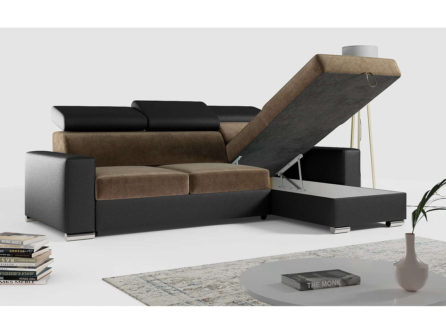 Ecksofa FOX, L-förmige Ecke, Schlaffunktion und Bettkasten, verstellbare Kopfstützen - Braun, Schwarz - Velvet, Kunstleder