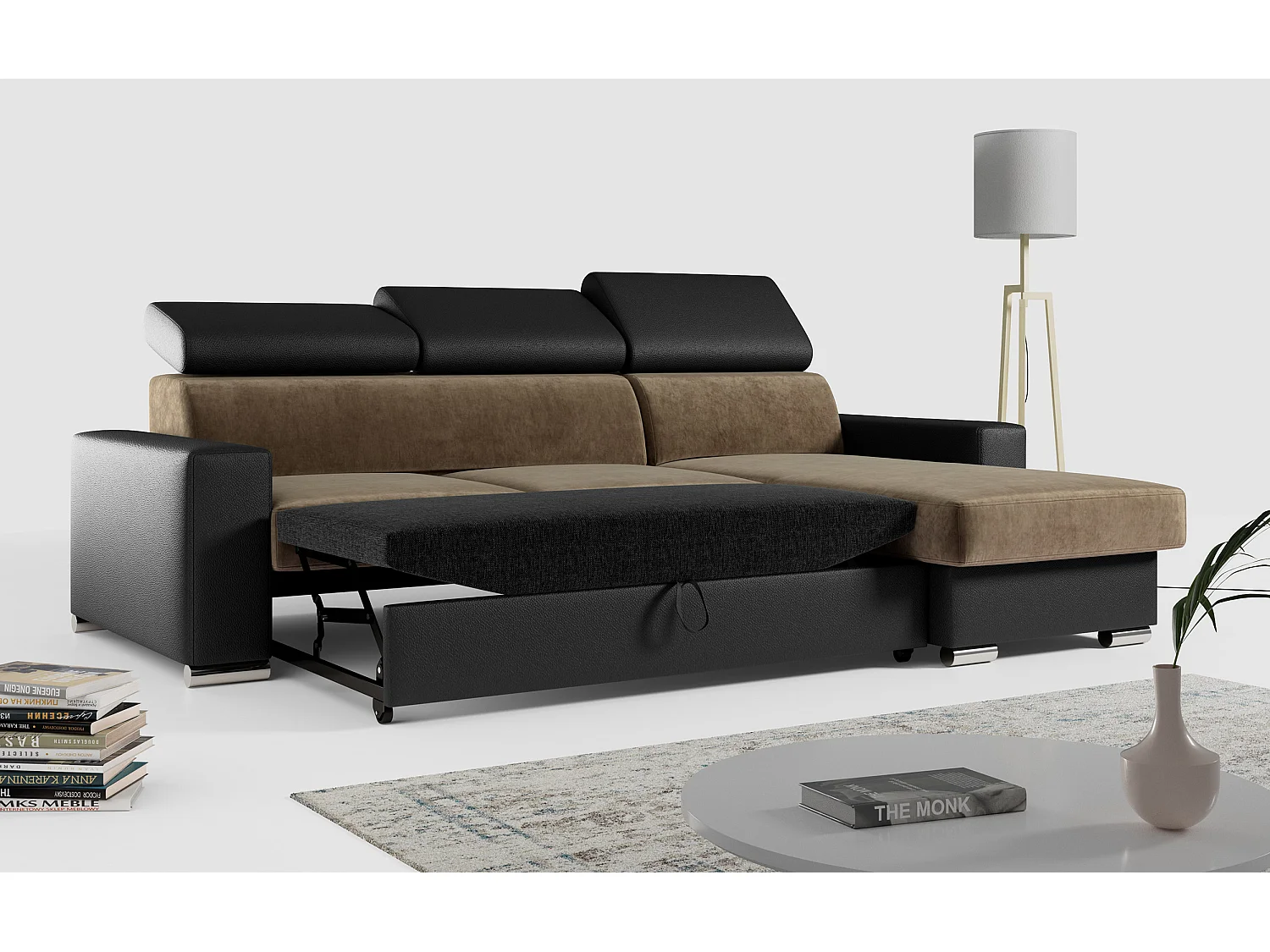 Ecksofa FOX, L-förmige Ecke, Schlaffunktion und Bettkasten, verstellbare Kopfstützen - Braun, Schwarz - Velvet, Kunstleder