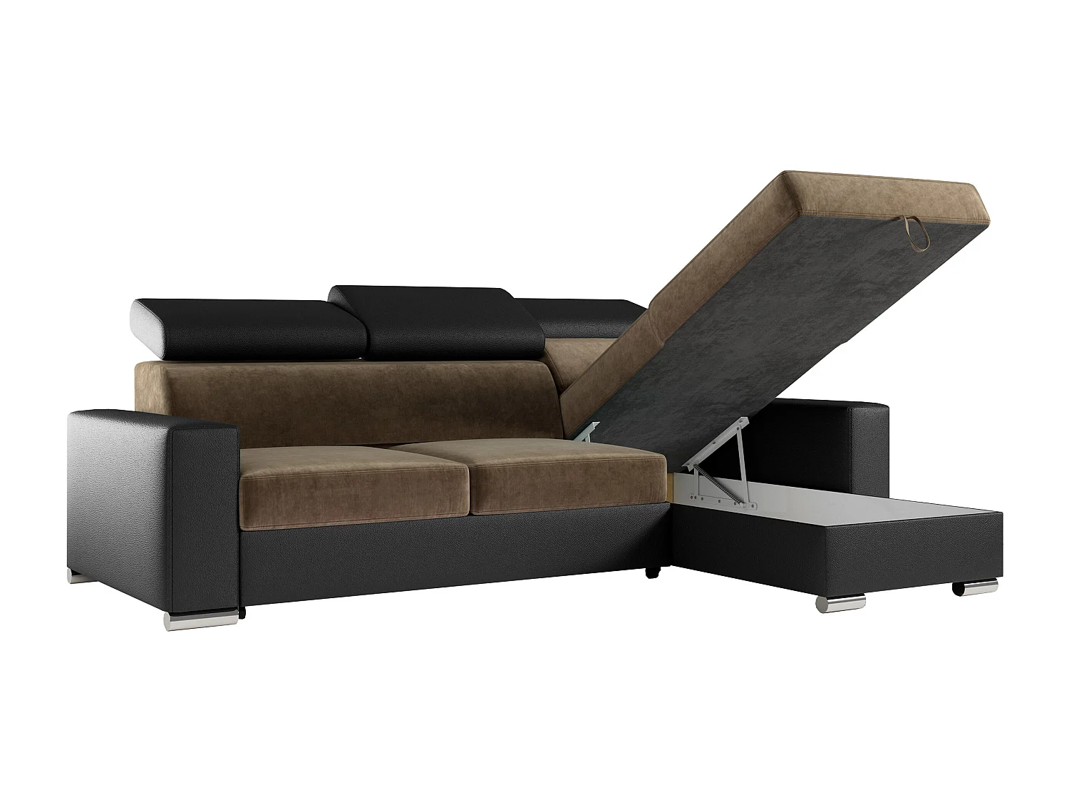 Ecksofa FOX, L-förmige Ecke, Schlaffunktion und Bettkasten, verstellbare Kopfstützen - Braun, Schwarz - Velvet, Kunstleder