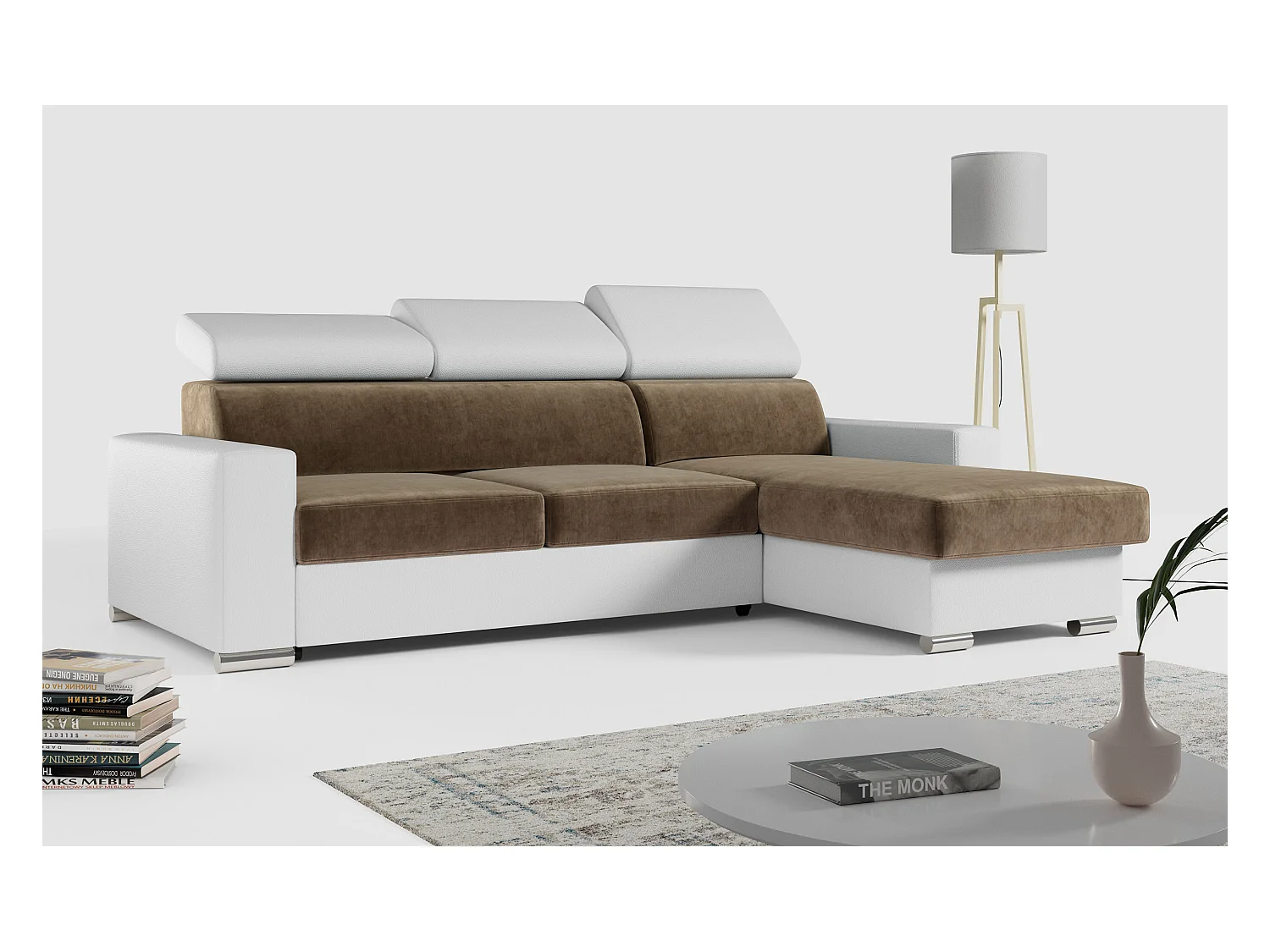 Ecksofa FOX, L-förmige Ecke, Schlaffunktion und Bettkasten, verstellbare Kopfstützen - Braun, Weiß - Velvet, Kunstleder