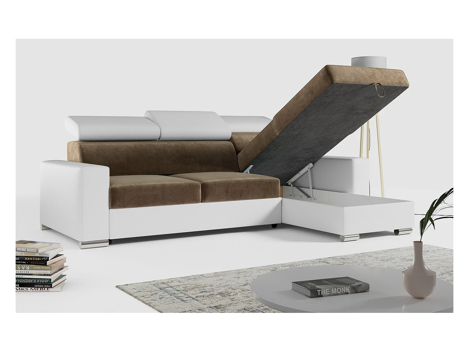 Ecksofa FOX, L-förmige Ecke, Schlaffunktion und Bettkasten, verstellbare Kopfstützen - Braun, Weiß - Velvet, Kunstleder