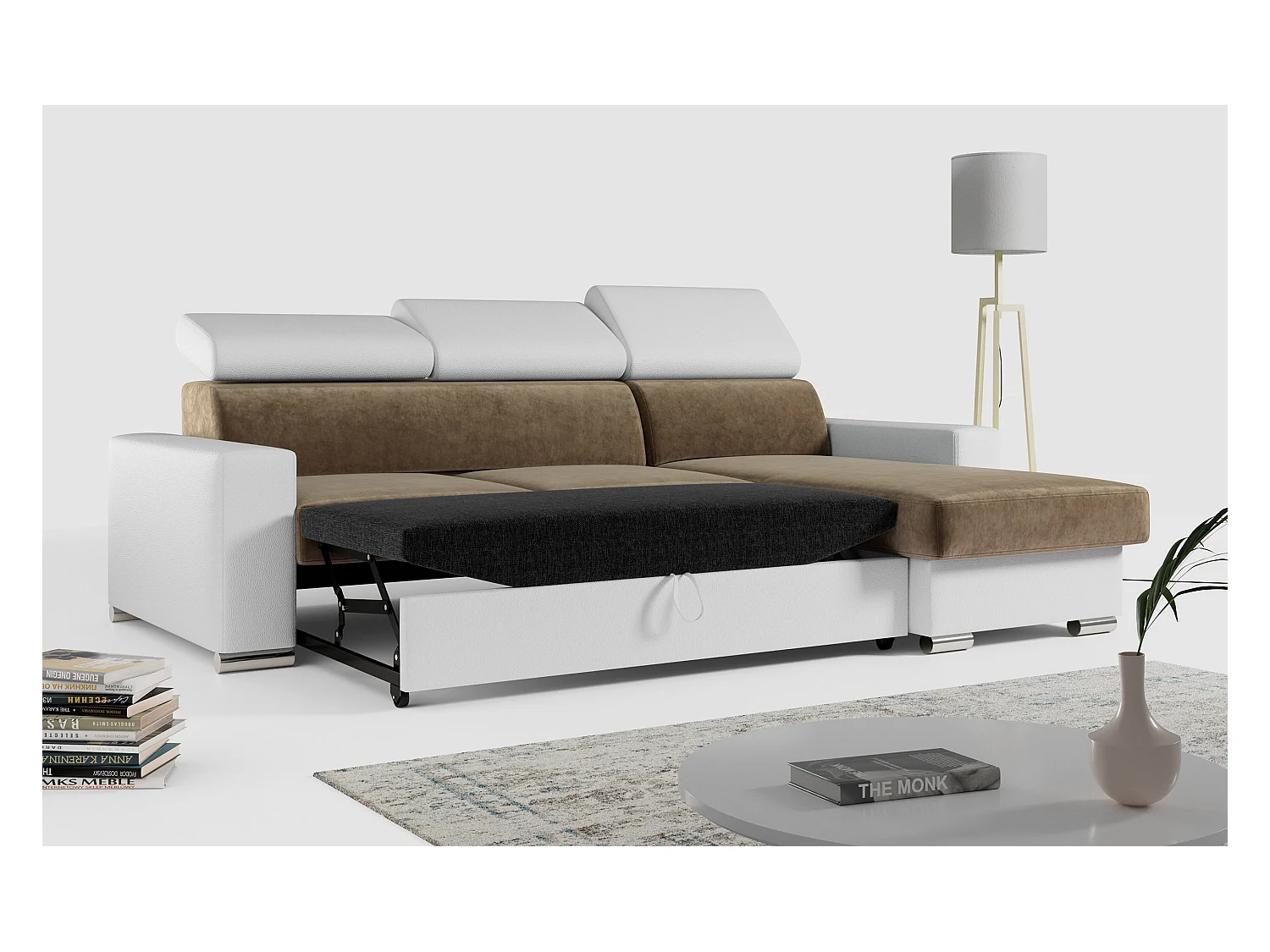 Ecksofa FOX, L-förmige Ecke, Schlaffunktion und Bettkasten, verstellbare Kopfstützen - Braun, Weiß - Velvet, Kunstleder