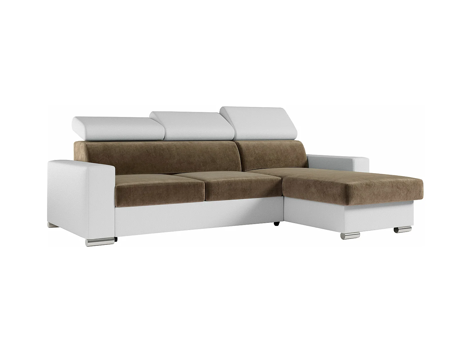 Ecksofa FOX, L-förmige Ecke, Schlaffunktion und Bettkasten, verstellbare Kopfstützen - Braun, Weiß - Velvet, Kunstleder