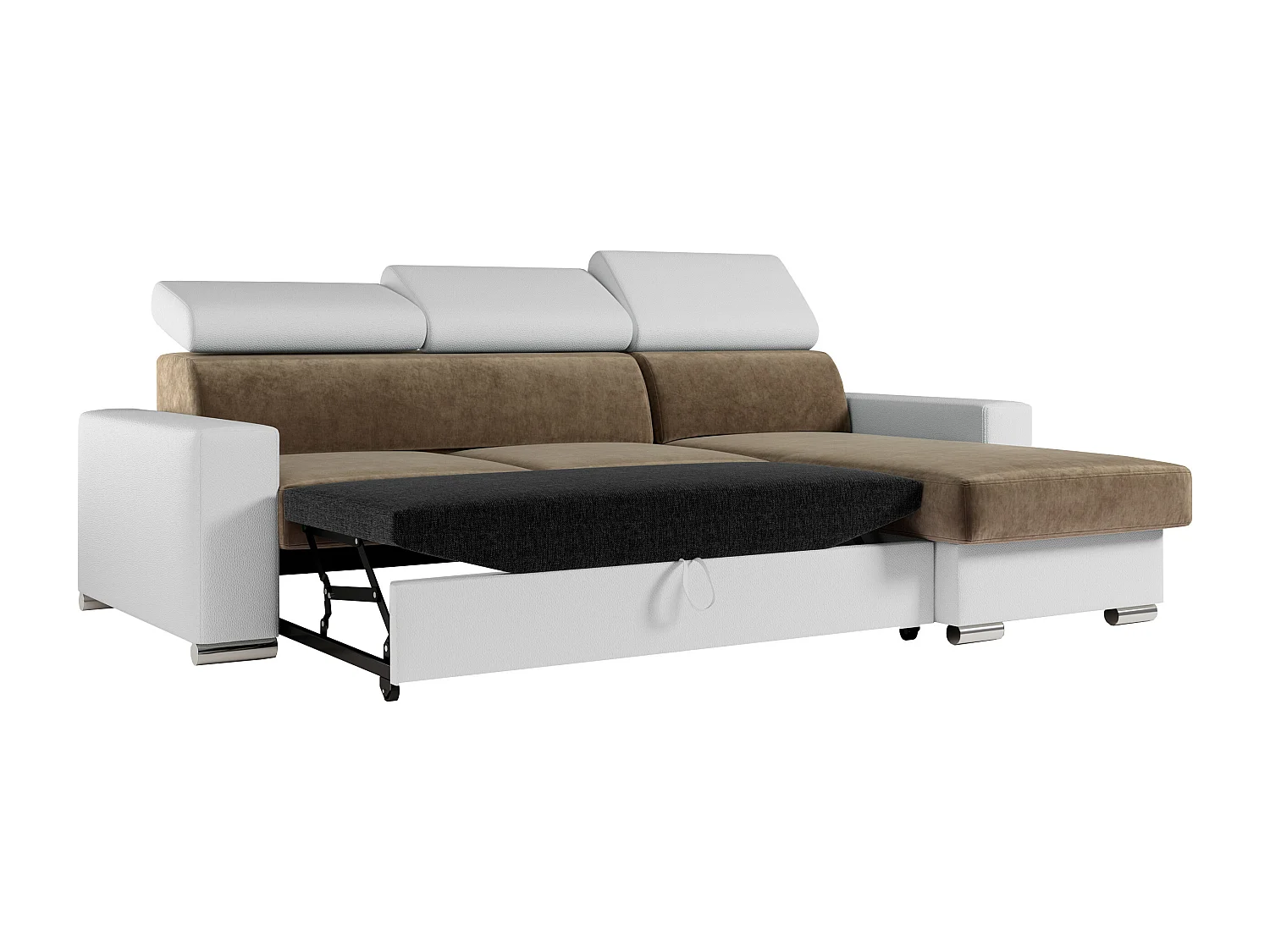 Ecksofa FOX, L-förmige Ecke, Schlaffunktion und Bettkasten, verstellbare Kopfstützen - Braun, Weiß - Velvet, Kunstleder