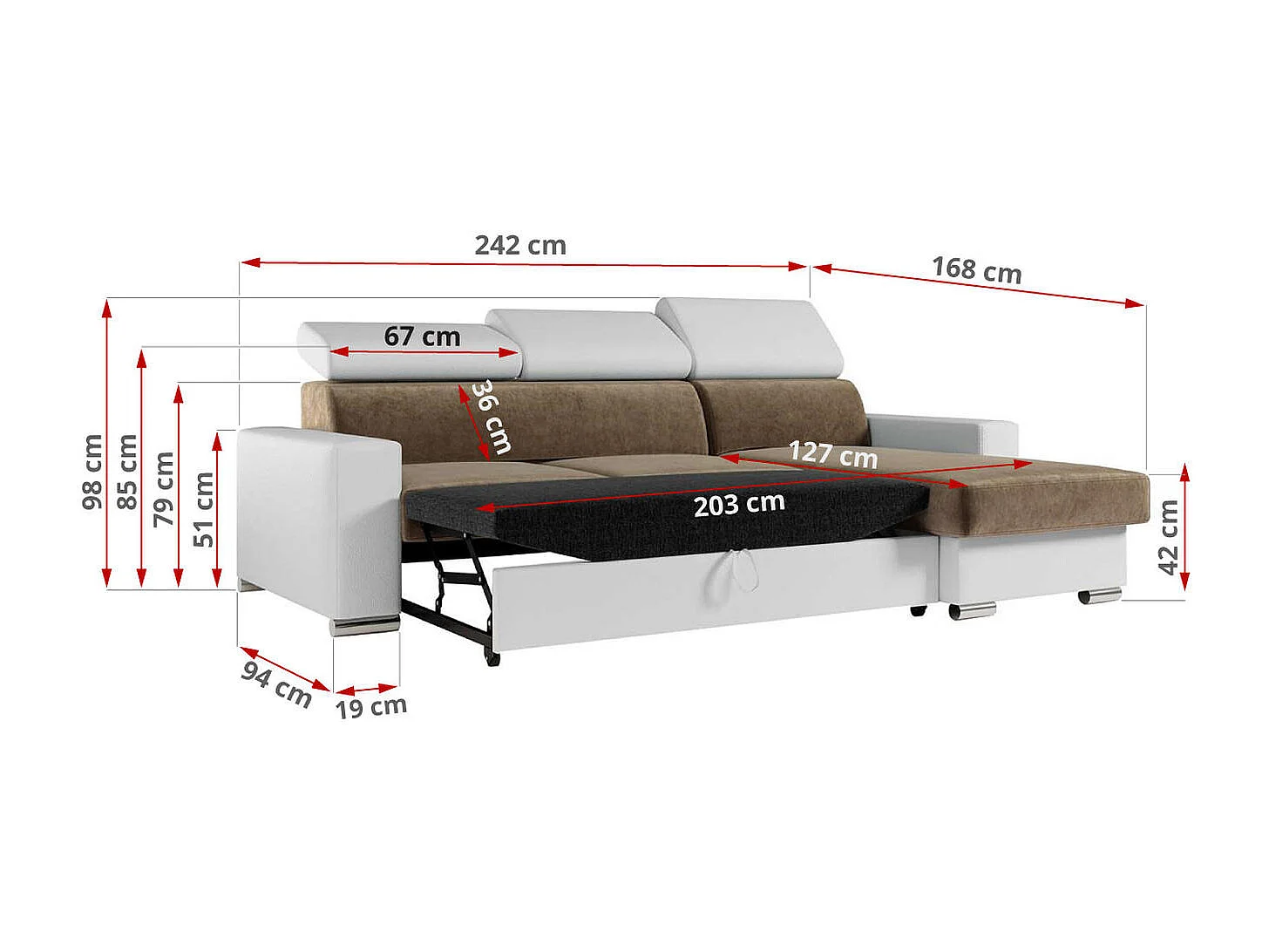 Ecksofa FOX, L-förmige Ecke, Schlaffunktion und Bettkasten, verstellbare Kopfstützen - Braun, Weiß - Velvet, Kunstleder