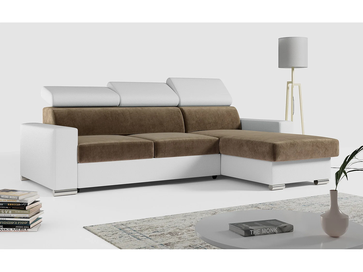 Ecksofa FOX, L-förmige Ecke, Schlaffunktion und Bettkasten, verstellbare Kopfstützen - Braun, Weiß - Velvet, Kunstleder