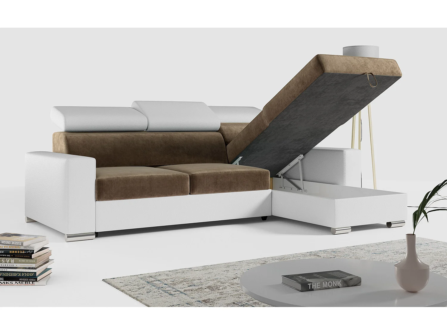 Ecksofa FOX, L-förmige Ecke, Schlaffunktion und Bettkasten, verstellbare Kopfstützen - Braun, Weiß - Velvet, Kunstleder