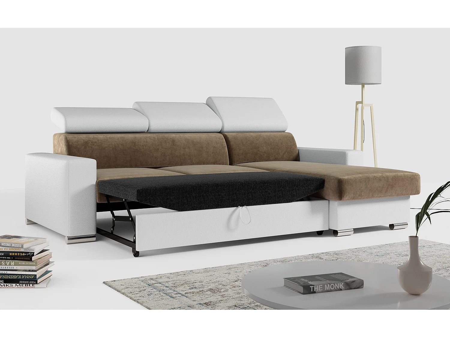 Ecksofa FOX, L-förmige Ecke, Schlaffunktion und Bettkasten, verstellbare Kopfstützen - Braun, Weiß - Velvet, Kunstleder