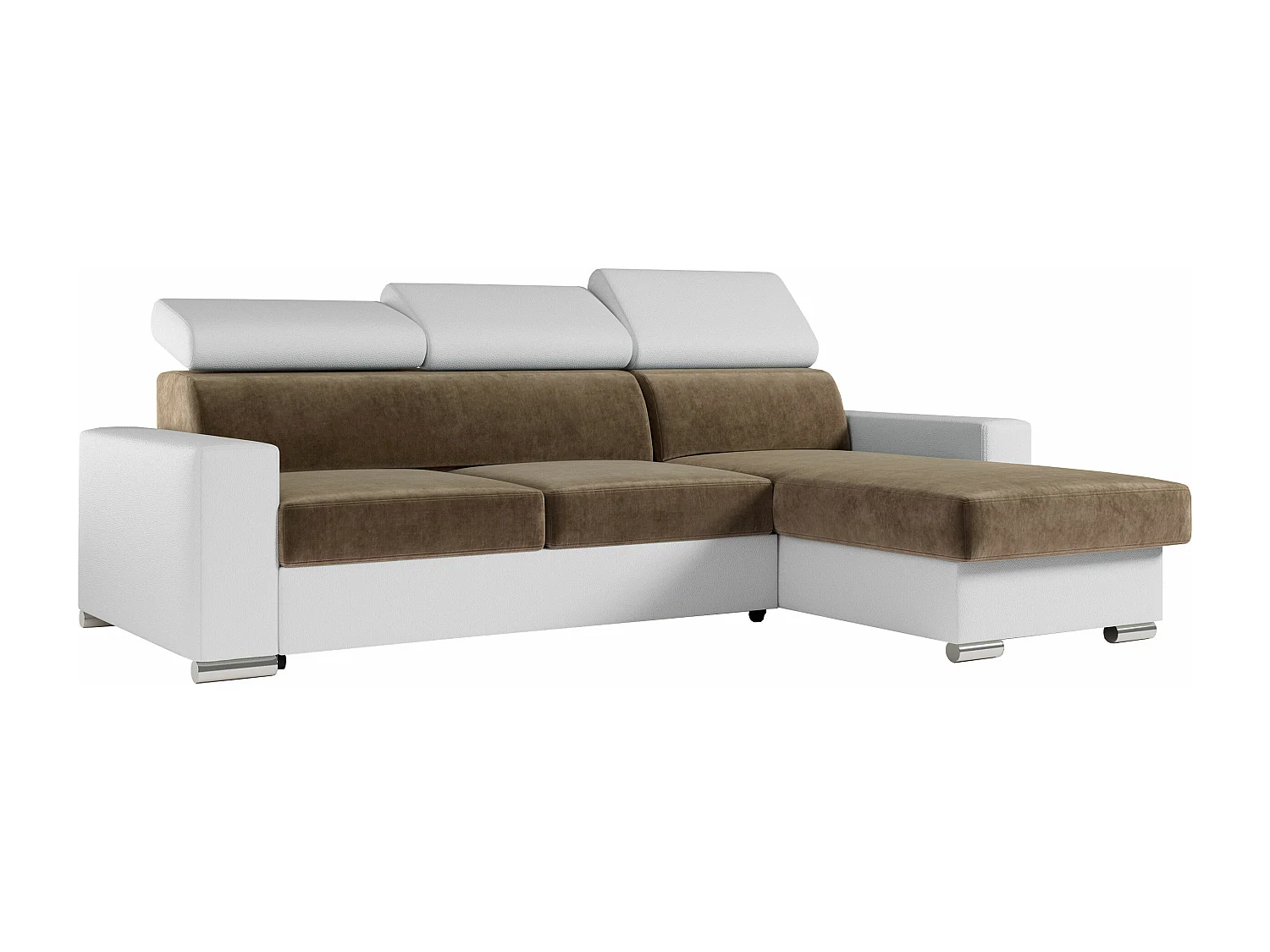 Ecksofa FOX, L-förmige Ecke, Schlaffunktion und Bettkasten, verstellbare Kopfstützen - Braun, Weiß - Velvet, Kunstleder