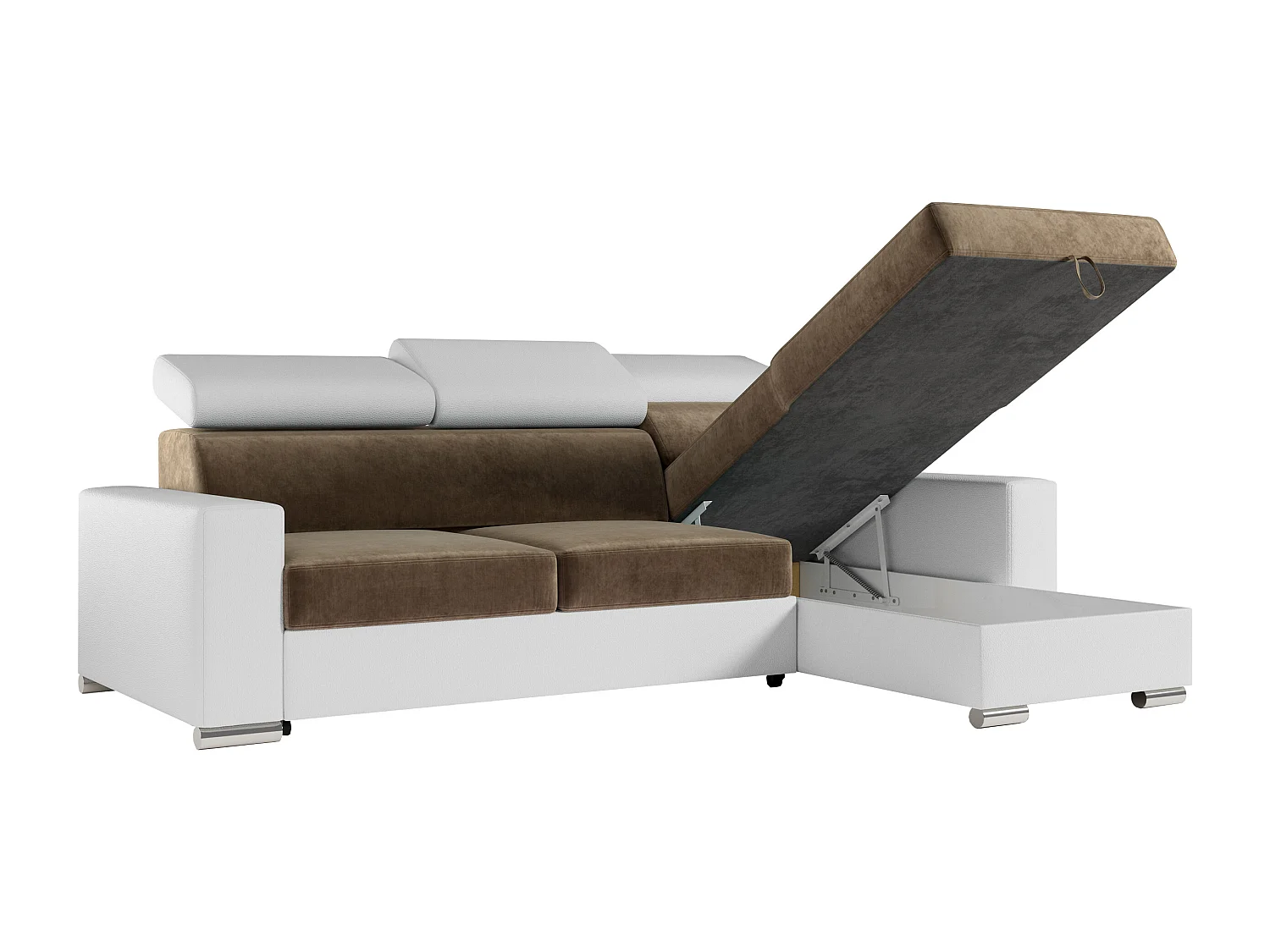 Ecksofa FOX, L-förmige Ecke, Schlaffunktion und Bettkasten, verstellbare Kopfstützen - Braun, Weiß - Velvet, Kunstleder