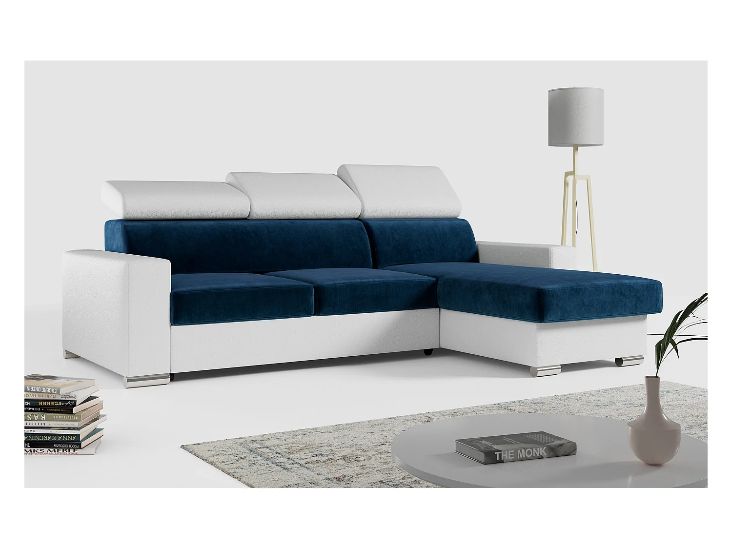 Ecksofa FOX, L-förmige Ecke, Schlaffunktion und Bettkasten, verstellbare Kopfstützen - Dunkelblau, Weiß - Velvet, Kunstleder