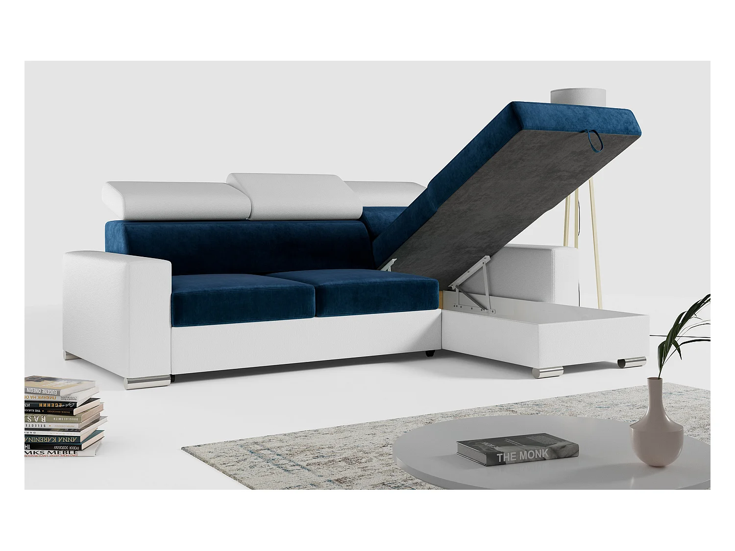 Ecksofa FOX, L-förmige Ecke, Schlaffunktion und Bettkasten, verstellbare Kopfstützen - Dunkelblau, Weiß - Velvet, Kunstleder