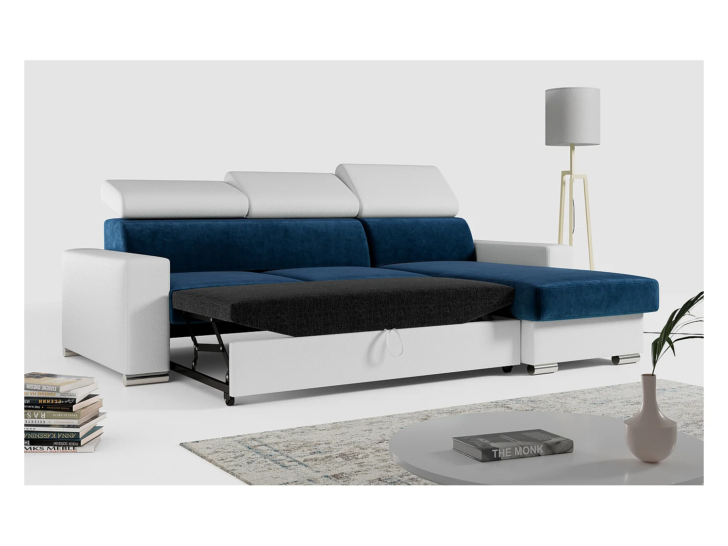 Ecksofa FOX, L-förmige Ecke, Schlaffunktion und Bettkasten, verstellbare Kopfstützen - Dunkelblau, Weiß - Velvet, Kunstleder