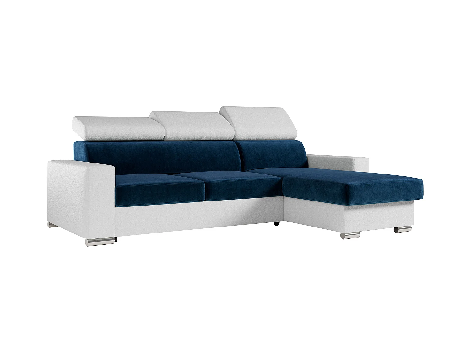 Ecksofa FOX, L-förmige Ecke, Schlaffunktion und Bettkasten, verstellbare Kopfstützen - Dunkelblau, Weiß - Velvet, Kunstleder