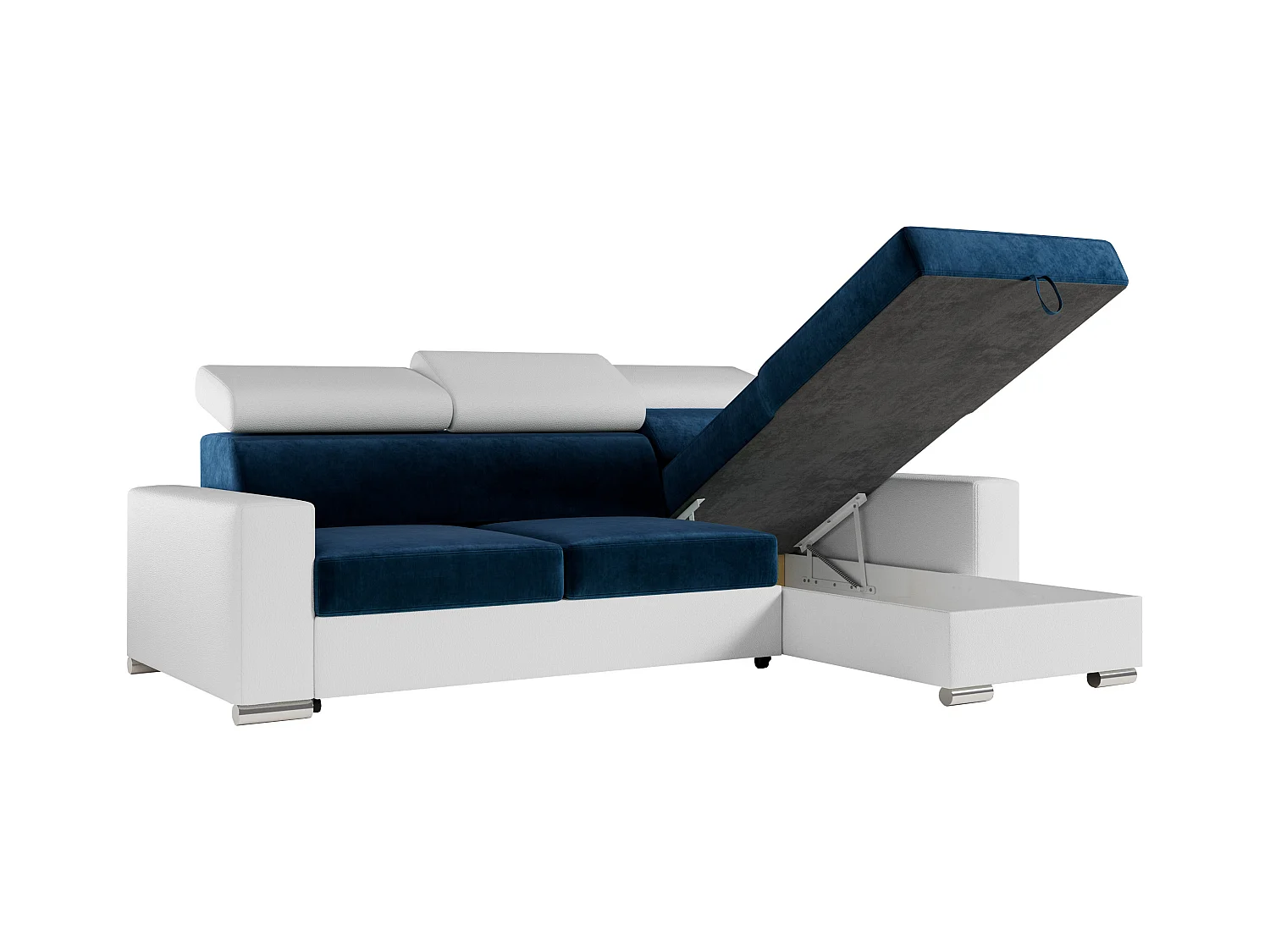 Ecksofa FOX, L-förmige Ecke, Schlaffunktion und Bettkasten, verstellbare Kopfstützen - Dunkelblau, Weiß - Velvet, Kunstleder