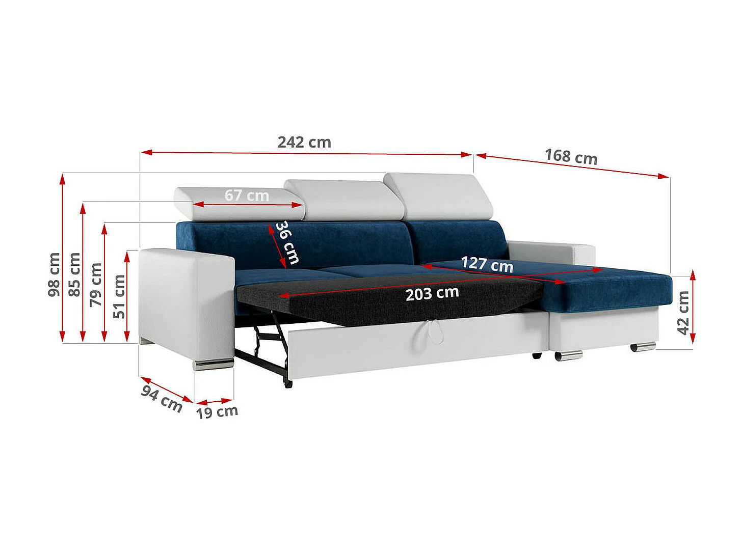 Ecksofa FOX, L-förmige Ecke, Schlaffunktion und Bettkasten, verstellbare Kopfstützen - Dunkelblau, Weiß - Velvet, Kunstleder