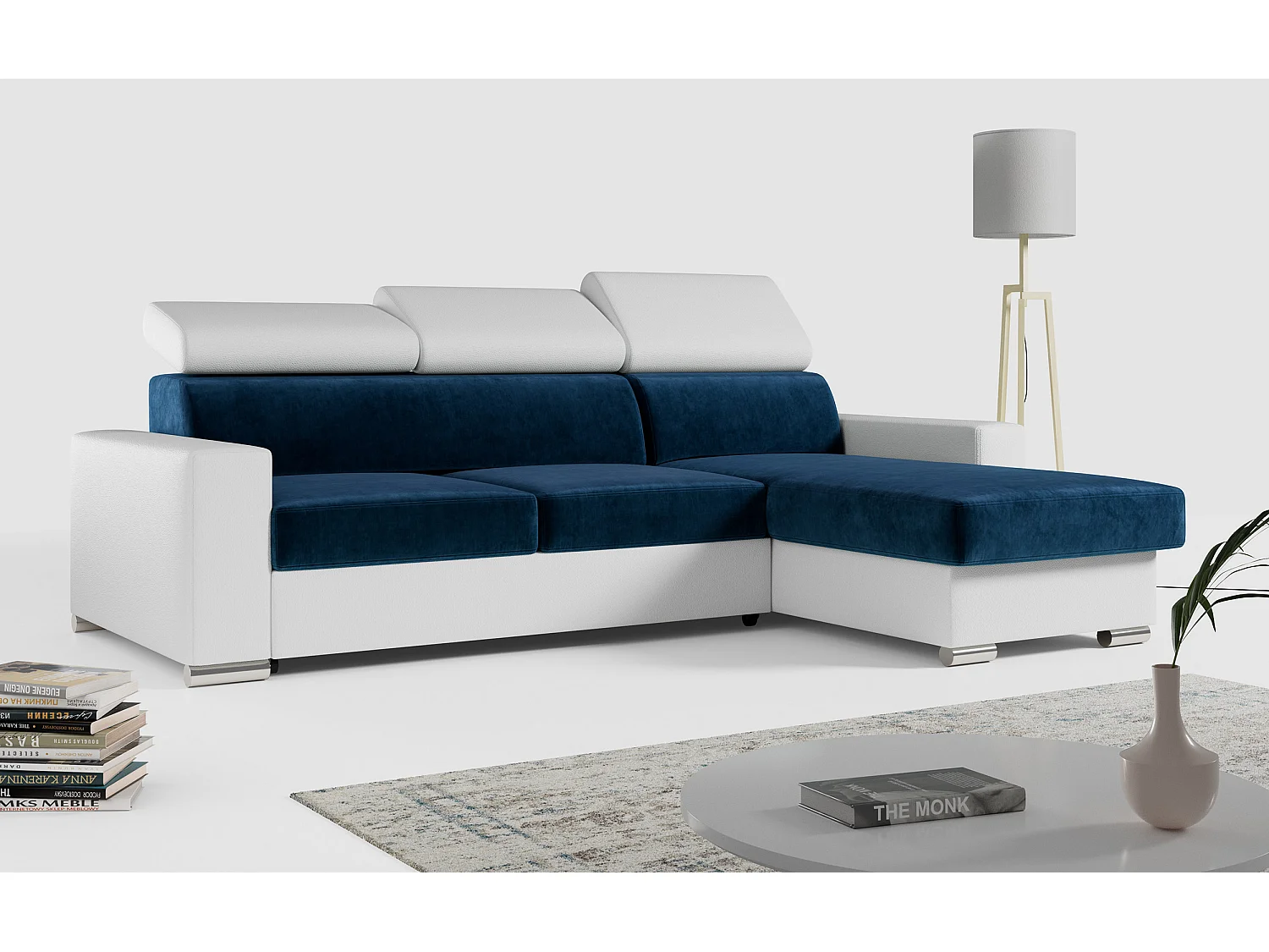 Ecksofa FOX, L-förmige Ecke, Schlaffunktion und Bettkasten, verstellbare Kopfstützen - Dunkelblau, Weiß - Velvet, Kunstleder