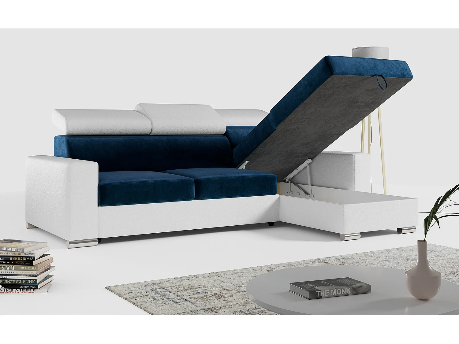 Ecksofa FOX, L-förmige Ecke, Schlaffunktion und Bettkasten, verstellbare Kopfstützen - Dunkelblau, Weiß - Velvet, Kunstleder