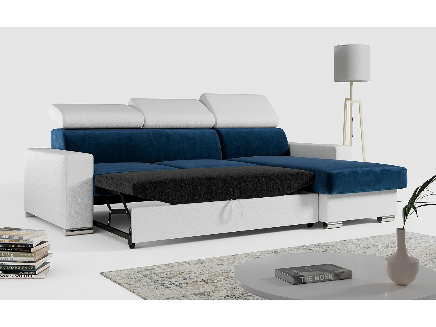 Ecksofa FOX, L-förmige Ecke, Schlaffunktion und Bettkasten, verstellbare Kopfstützen - Dunkelblau, Weiß - Velvet, Kunstleder