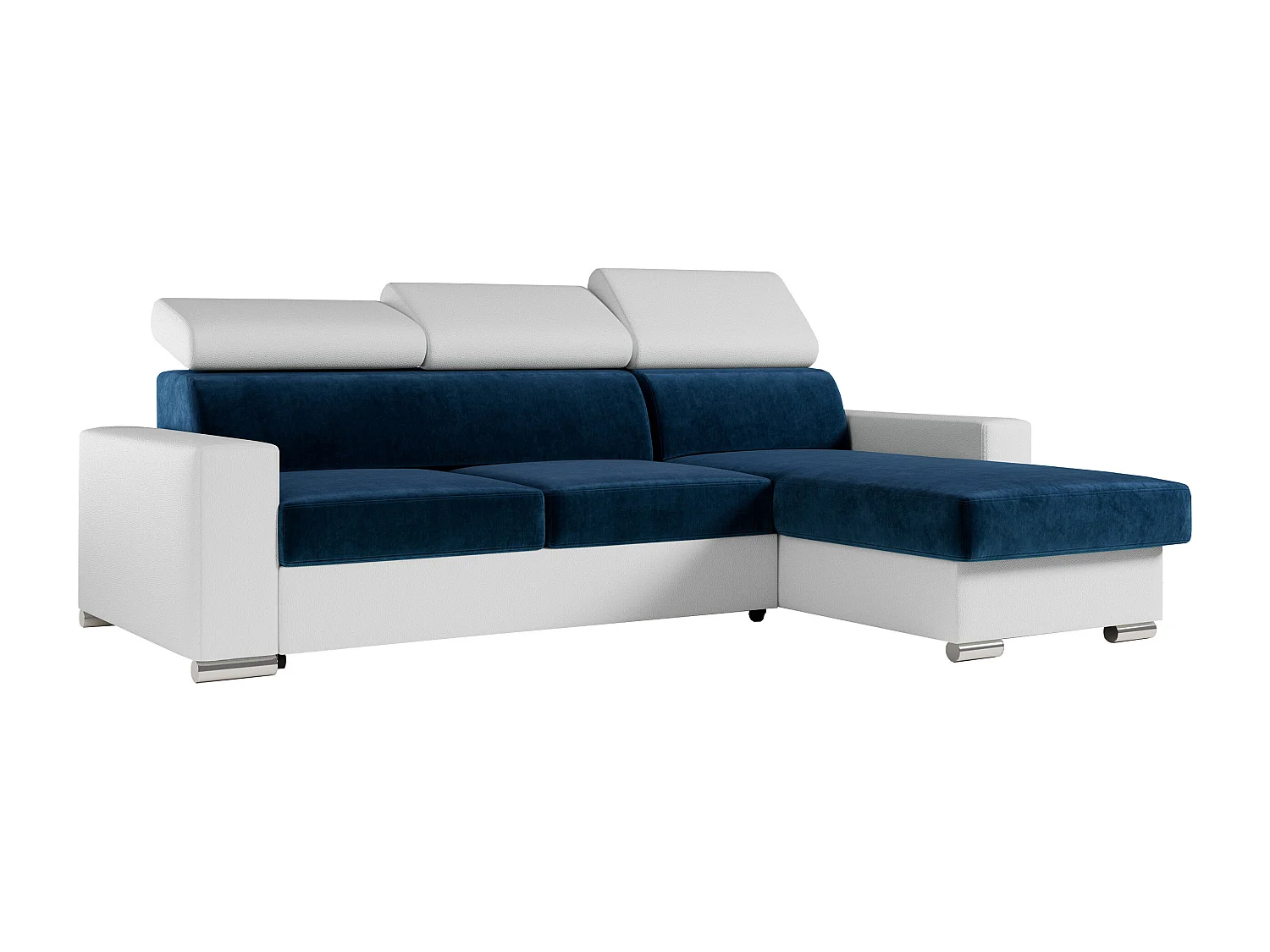 Ecksofa FOX, L-förmige Ecke, Schlaffunktion und Bettkasten, verstellbare Kopfstützen - Dunkelblau, Weiß - Velvet, Kunstleder