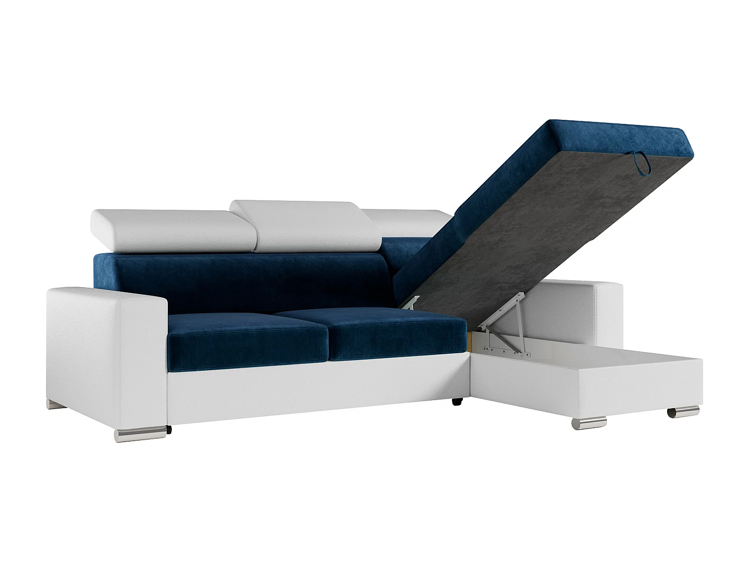 Ecksofa FOX, L-förmige Ecke, Schlaffunktion und Bettkasten, verstellbare Kopfstützen - Dunkelblau, Weiß - Velvet, Kunstleder