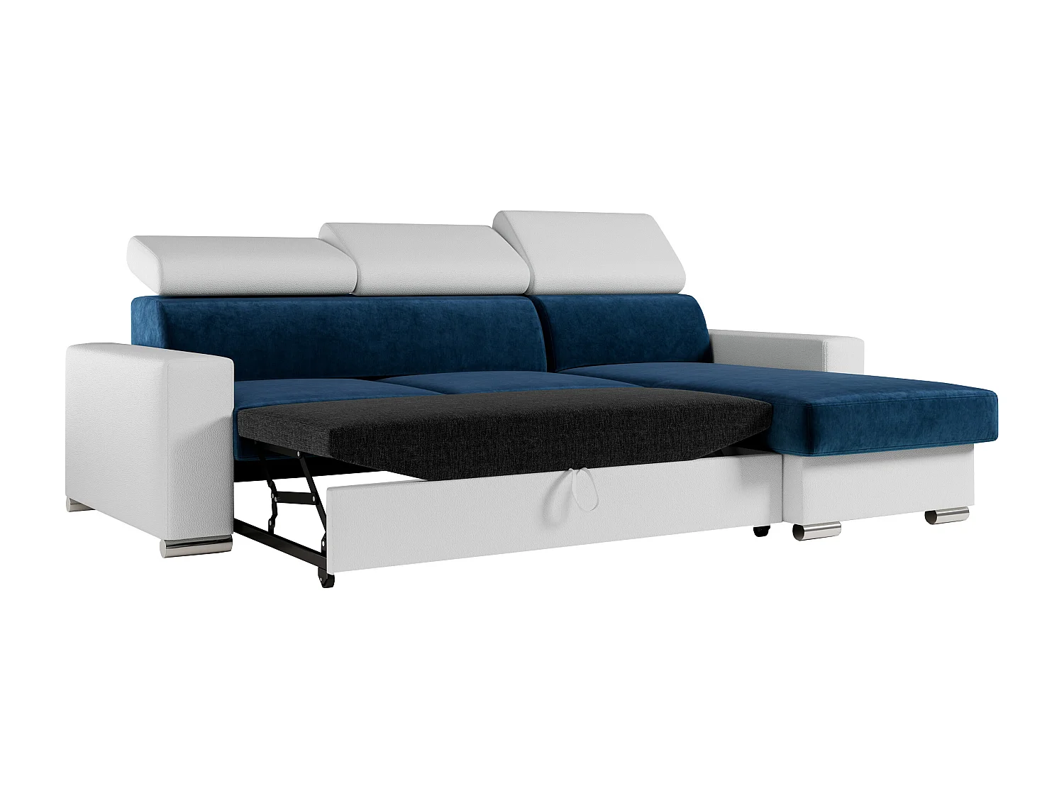 Ecksofa FOX, L-förmige Ecke, Schlaffunktion und Bettkasten, verstellbare Kopfstützen - Dunkelblau, Weiß - Velvet, Kunstleder