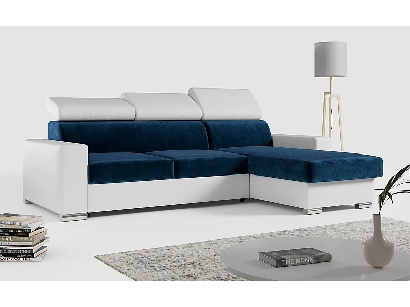 Ecksofa FOX, L-förmige Ecke, Schlaffunktion und Bettkasten, verstellbare Kopfstützen - Dunkelblau, Weiß - Velvet, Kunstleder