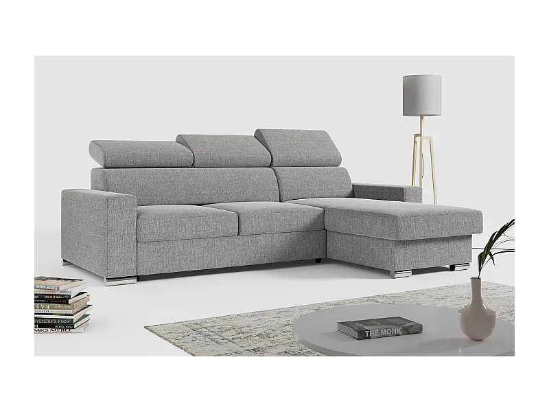 Ecksofa FOX, L-förmige Ecke, Schlaffunktion und Bettkasten, verstellbare Kopfstützen - Grau Stukture