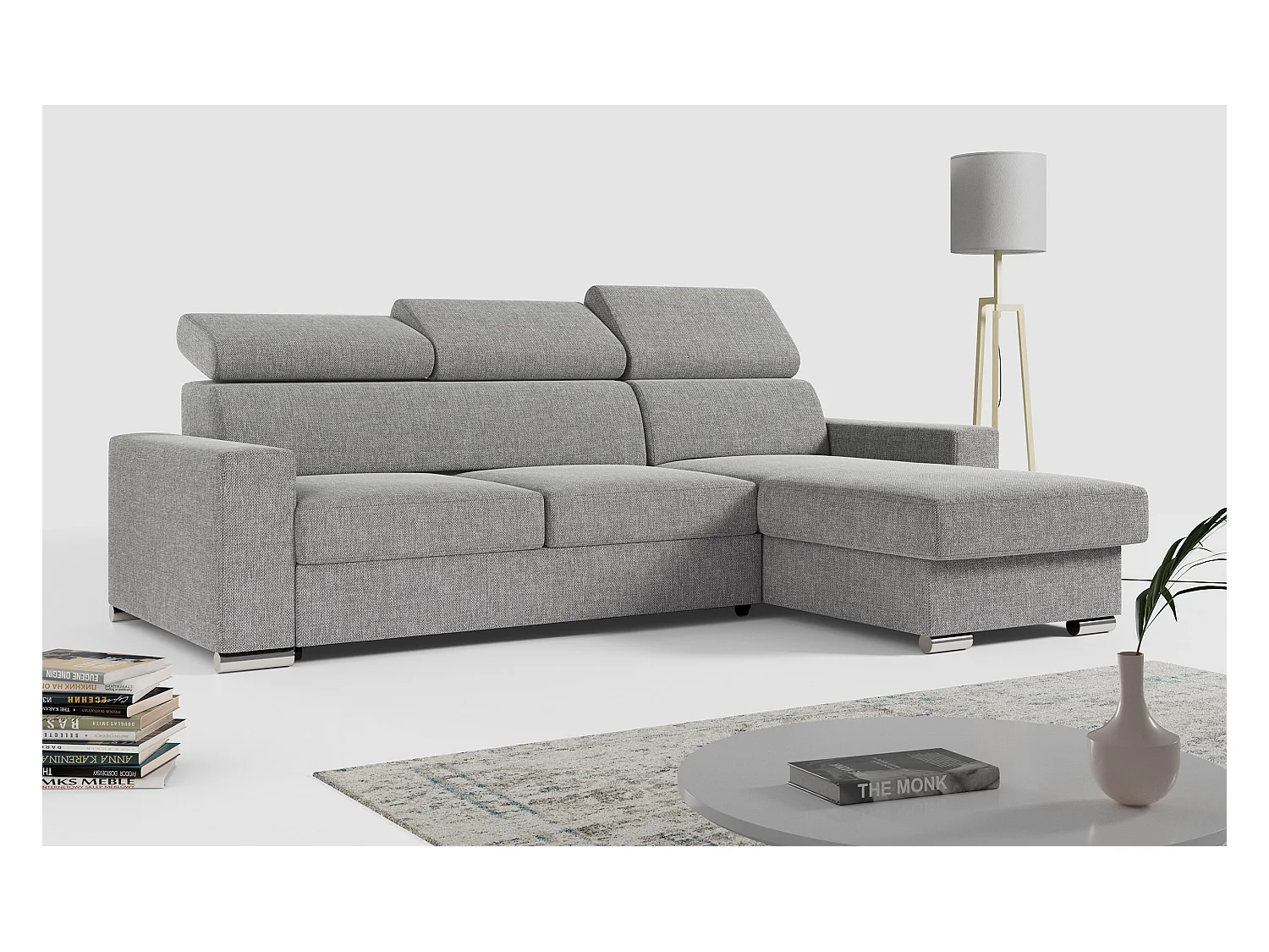 Ecksofa FOX, L-förmige Ecke, Schlaffunktion und Bettkasten, verstellbare Kopfstützen - Grau Stukture