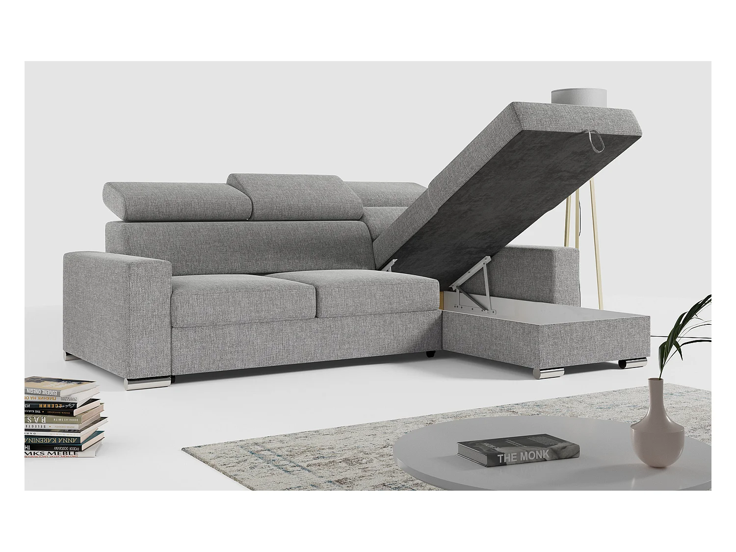 Ecksofa FOX, L-förmige Ecke, Schlaffunktion und Bettkasten, verstellbare Kopfstützen - Grau Stukture