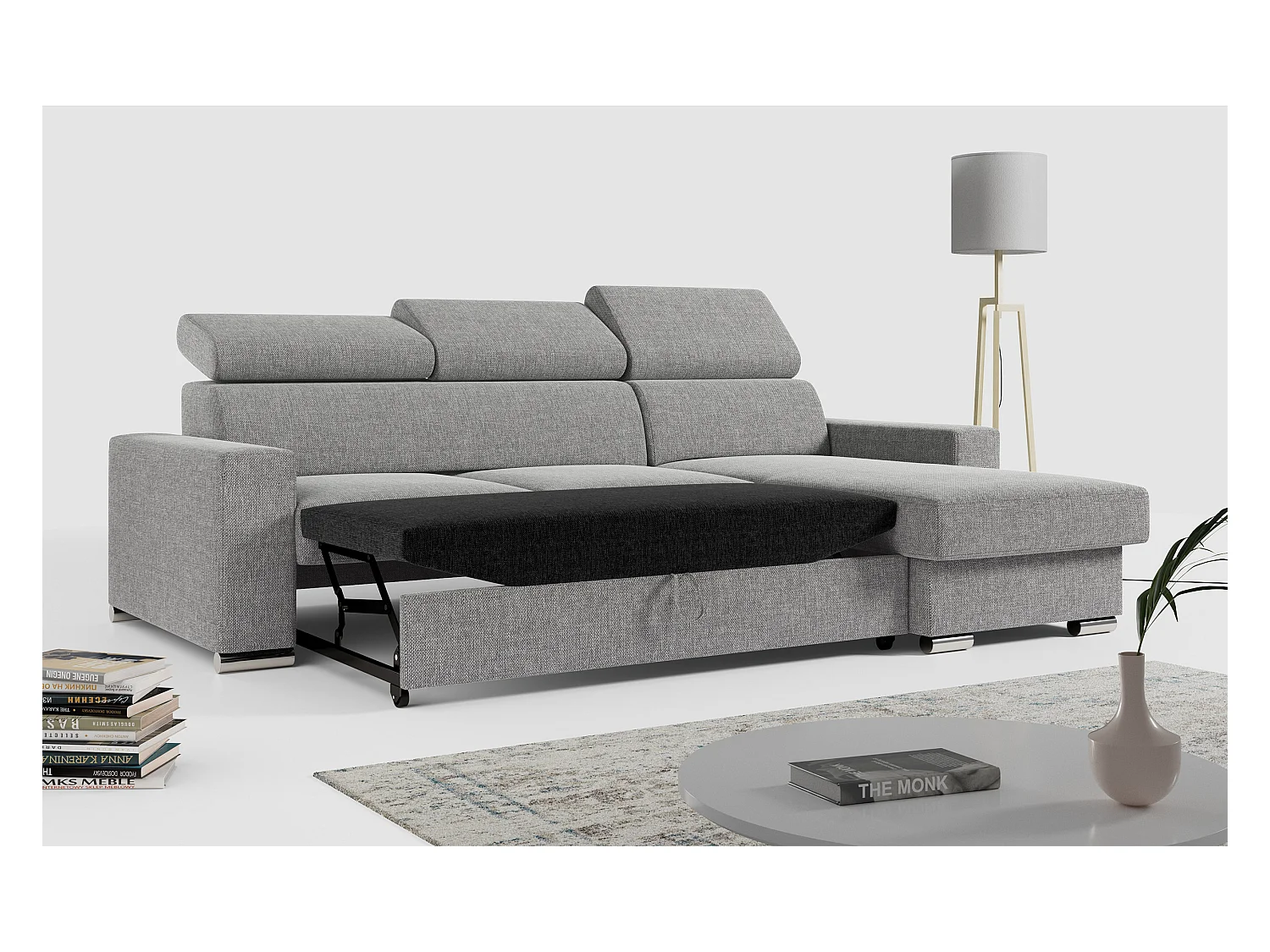 Ecksofa FOX, L-förmige Ecke, Schlaffunktion und Bettkasten, verstellbare Kopfstützen - Grau Stukture